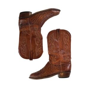 Lucchese Classics Full Quill Ostrich Cowboy Boots Cognac Brown 8.5 D A1003R
